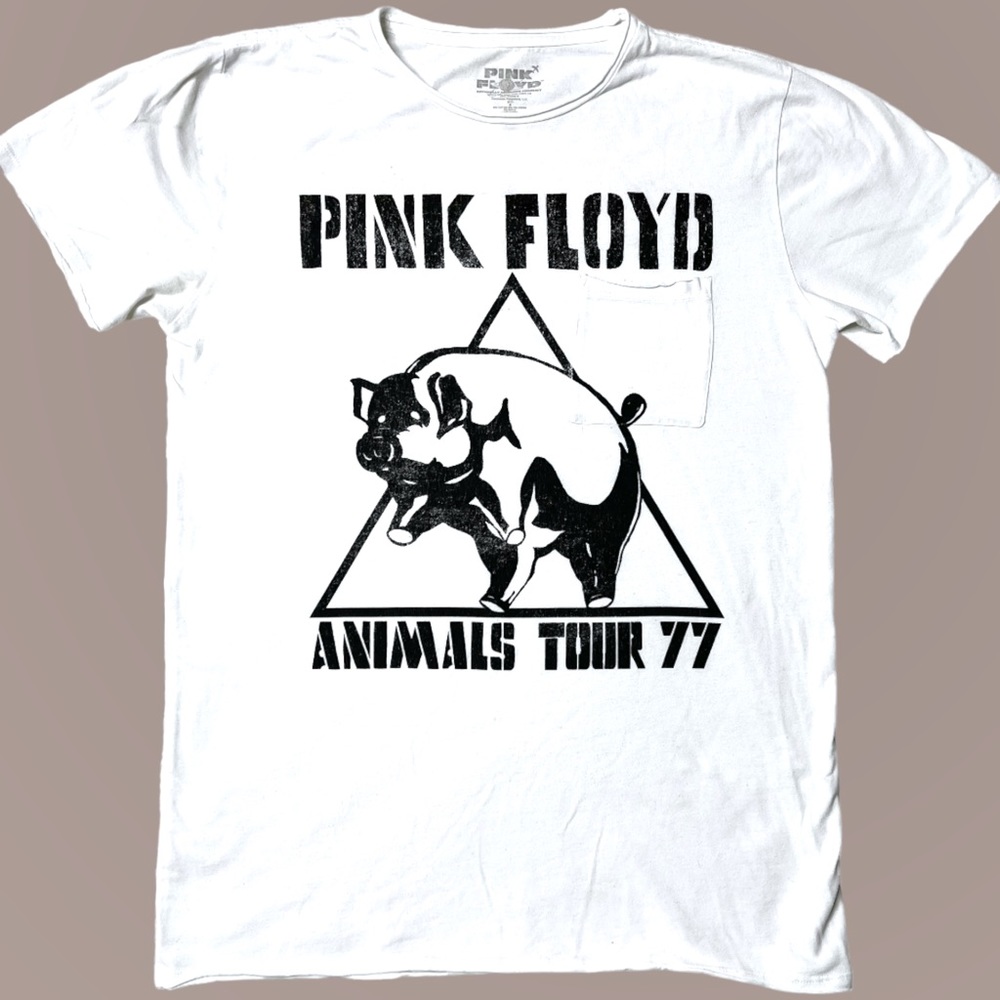 Pink Floyd Animals Tour Raw Hem Graphic Pocket T-Shirt White Women’s Sz S